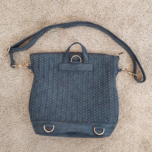 Neiman Marcus Convertible Shoulder Bag Backpack Faux Leather Woven Blue Gold - Picture 2 of 9